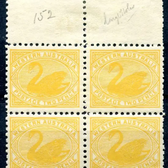 1905 2d yellow, perf. 11 in top selvedge block of ...