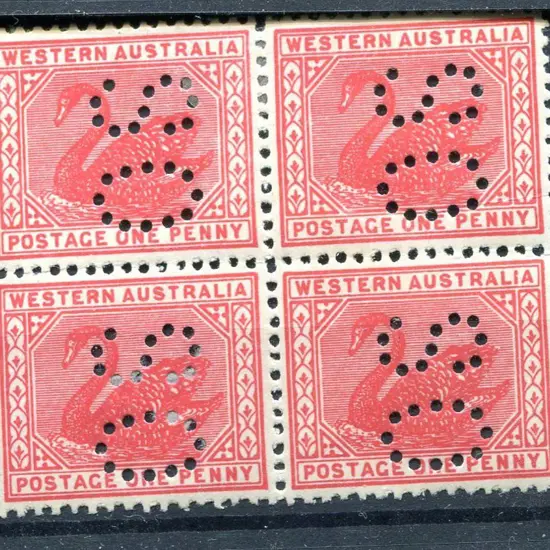 1906 1d carmine-red perfined "OS" block of 4 with ...
