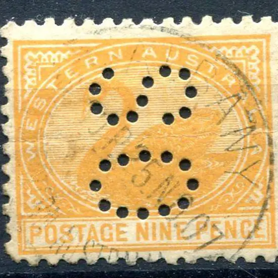 1905 9d orange-yellow perfined "OS". Horiz crease, ...