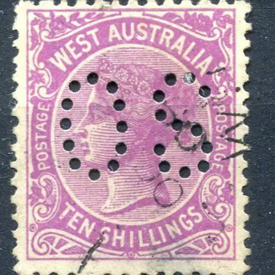 1910 10/- bright purple perfined "OS". Lightly ...