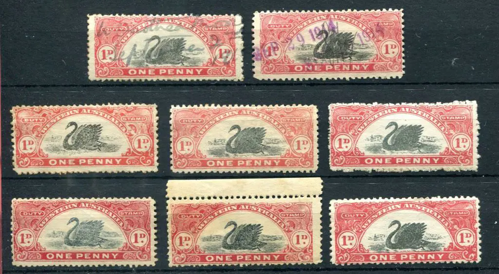 1909 1d reds x 8. One with "flat base "O" of ONE" ... Image 1++