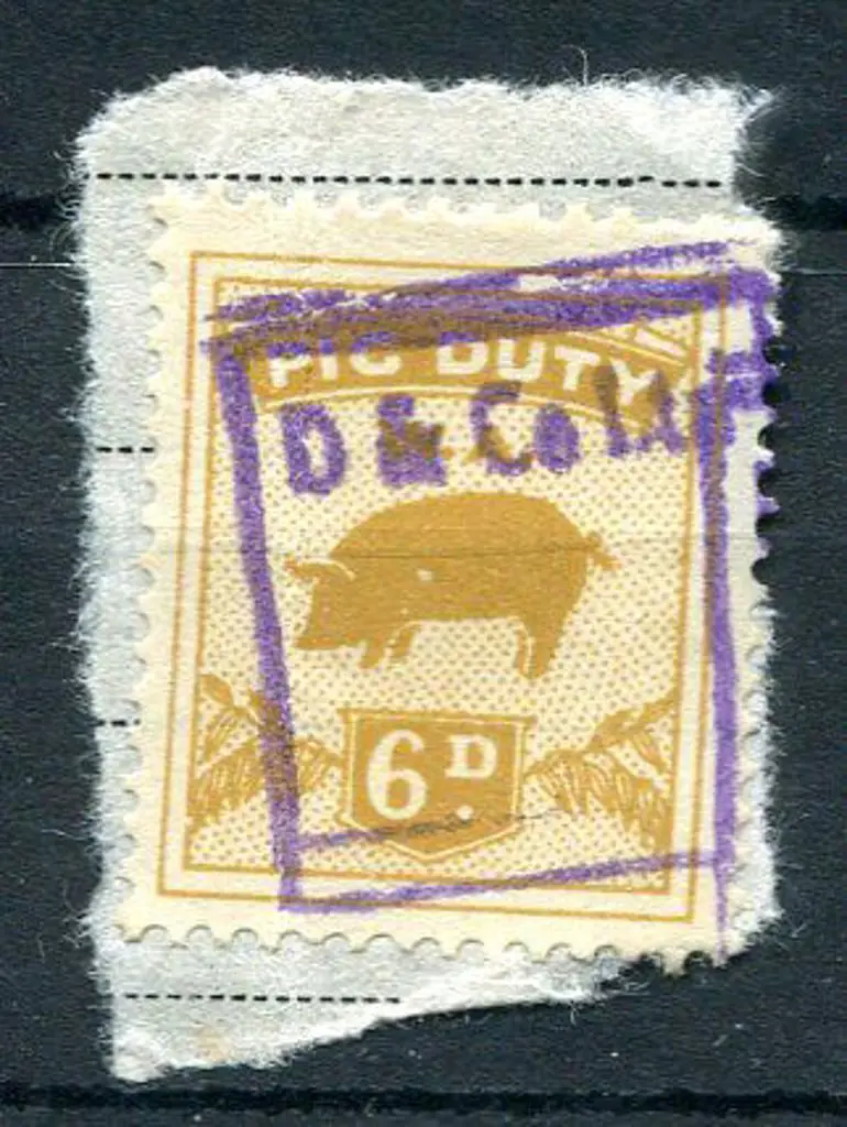 1943/55 6d ochre-brown Pig Duty on small piece ... Image 1++