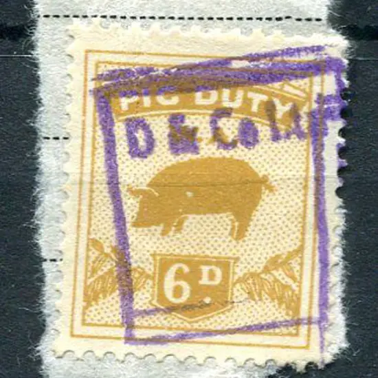 1943/55 6d ochre-brown Pig Duty on small piece ...
