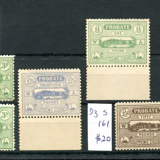 1907/22 3d green x 2, £1 green, £25 pale blue & ...