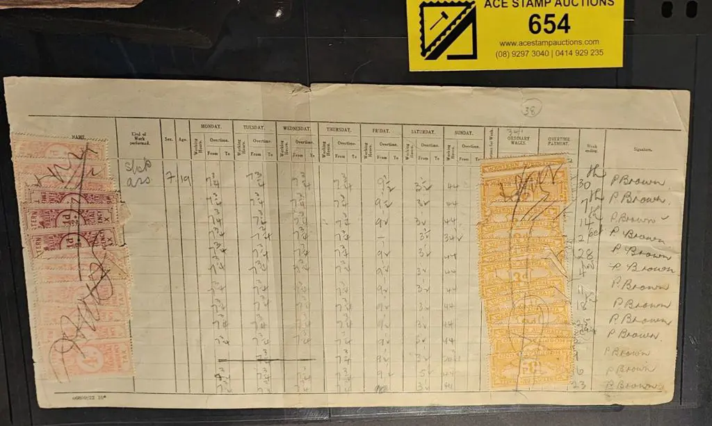 1930c Wages book page with 22 x 4d rose & 3 x 4½d ... Image 1++