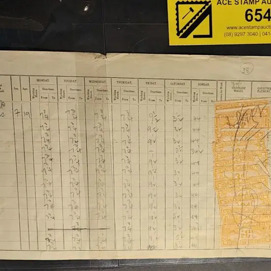 1930c Wages book page with 22 x 4d rose & 3 x 4½d ...