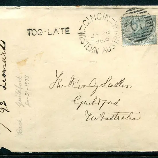 1893 (28th Jan) 2d grey swan tied by Gingin duplex ...