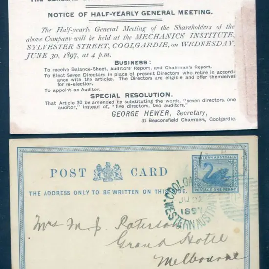 1897 (22nd Jul) 1d blue postcard (PC2) tied by ...