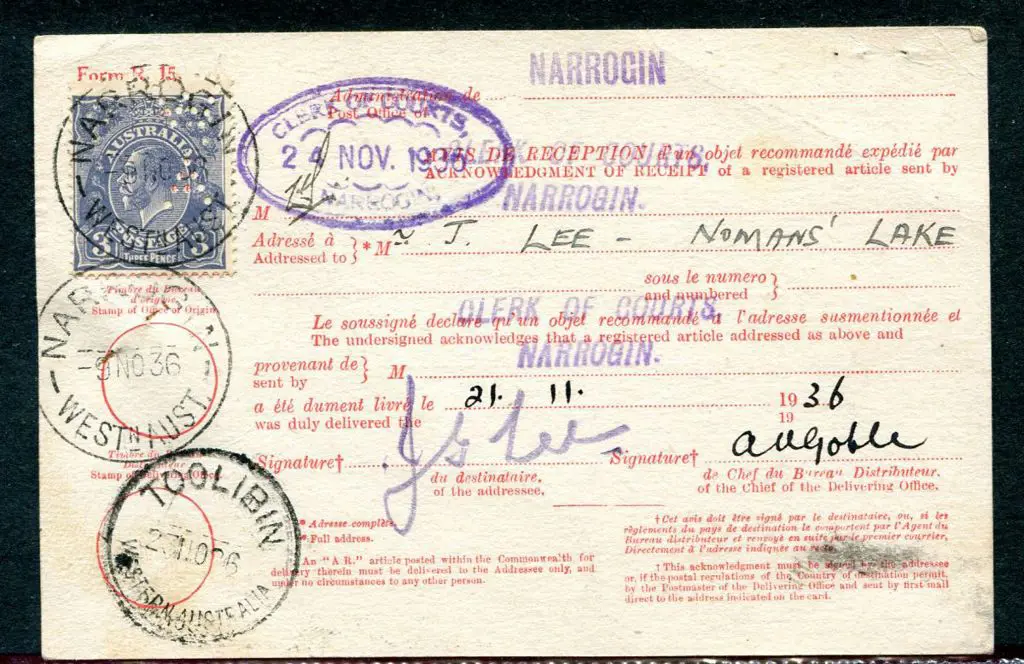 1936 (9th Nov) 3d blue KGV perfined "W/A" tied to ... Image 1++