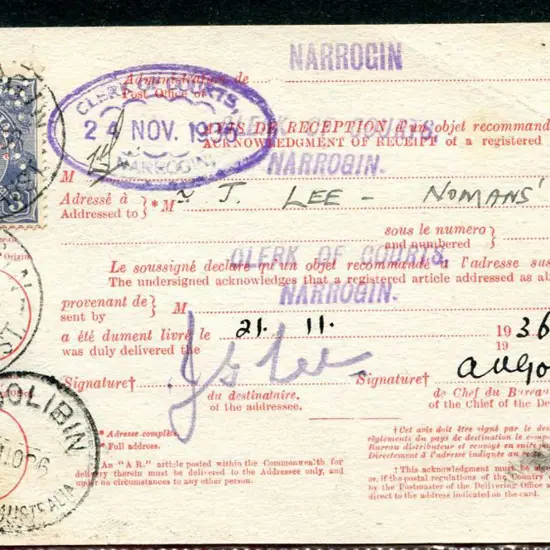 1936 (9th Nov) 3d blue KGV perfined "W/A" tied to ...