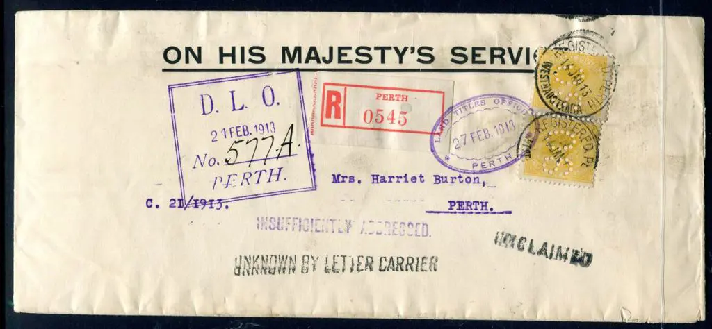 1913 (14th Jan) Long OHMS env with red Perth ... Image 1++