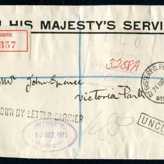 1915 (24th Aug) Land Titles Office OHMS env to ...