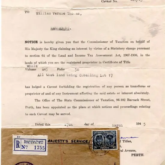 1945 (4th Mar) OHMS Land Titles Office cover Perth ...