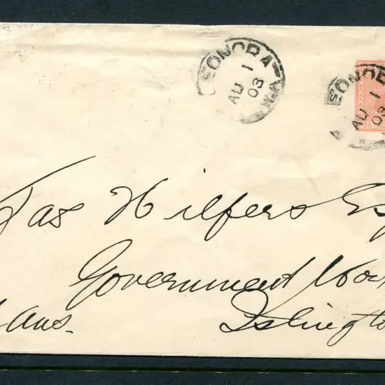 1902 1d rose envelope fine used with 2 Leonora ...