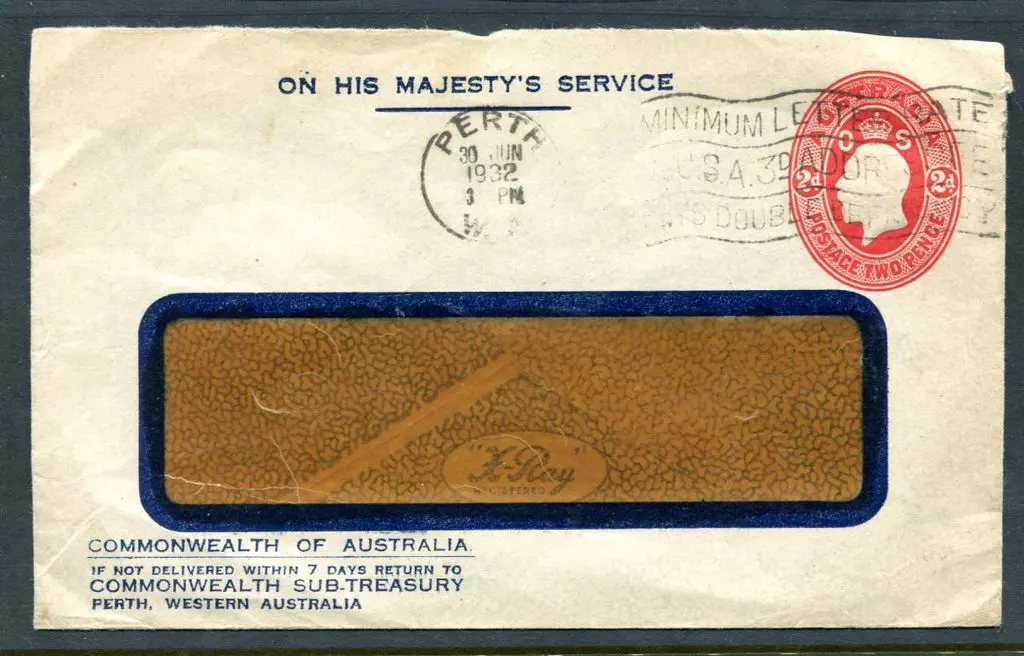1930 2d red oval KGV embossed "OS" window envelope ... Image 1++