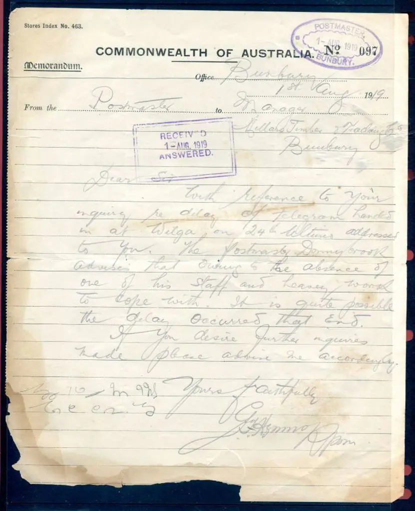Bunbury Postmaster ORS 3 on Commonwealth of ... Image 1++