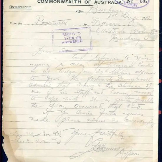 Bunbury Postmaster ORS 3 on Commonwealth of ...