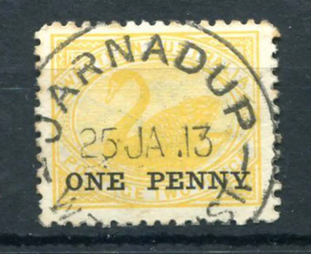 Jarnadup B28 on "ONE PENNY" surcharge on 2d yellow ... Image 1++