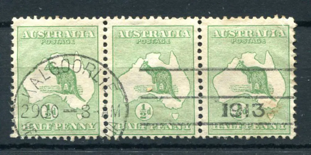 Kalgoorlie Machine cancel on strip of 3 ½d green ... Image 1++