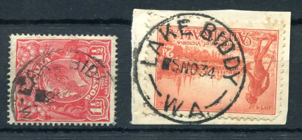 Lake Biddy B28 on 1½d red KGV by 60% strike with ... Image 1++