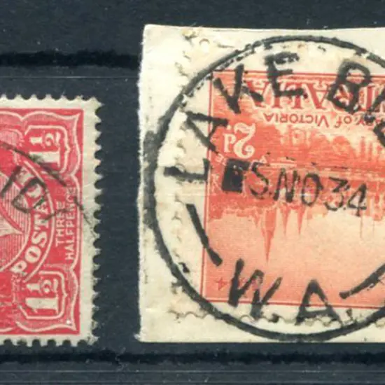 Lake Biddy B28 on 1½d red KGV by 60% strike with ...