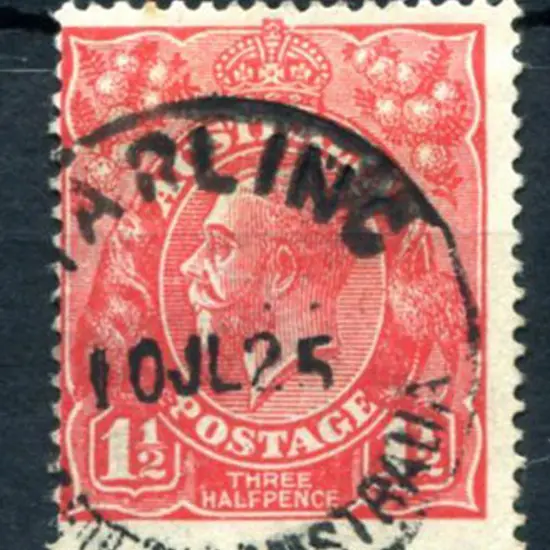 Marling A26 on 1½d red KGV for 10 JL 25. PMI dates ...