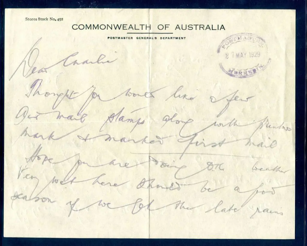 Merredin Postmaster ORS3 dated 27 MAY 1929 on ... Image 1++