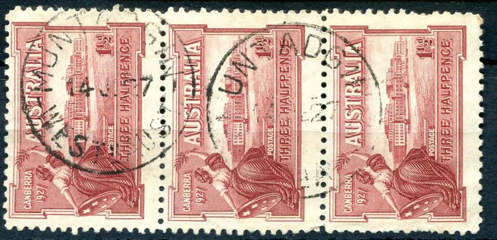 Muntadgin B28 Two complete strikes on 1927 1½d ... Image 1++