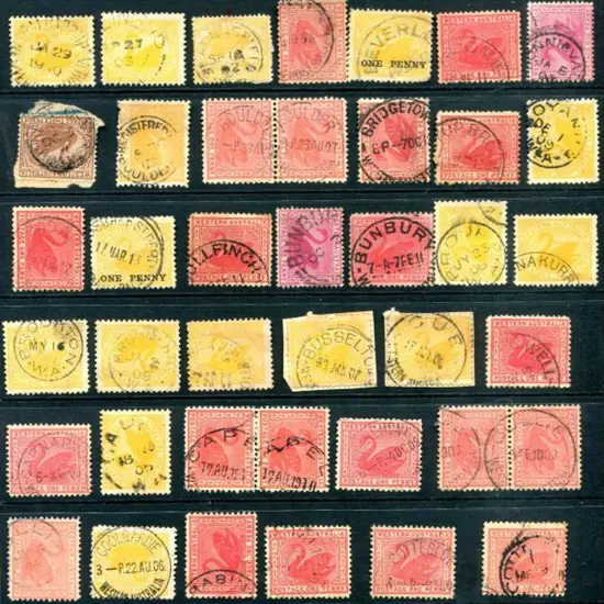 Postmarks A-C on Swans noting Albany 2b, Baandee, ...