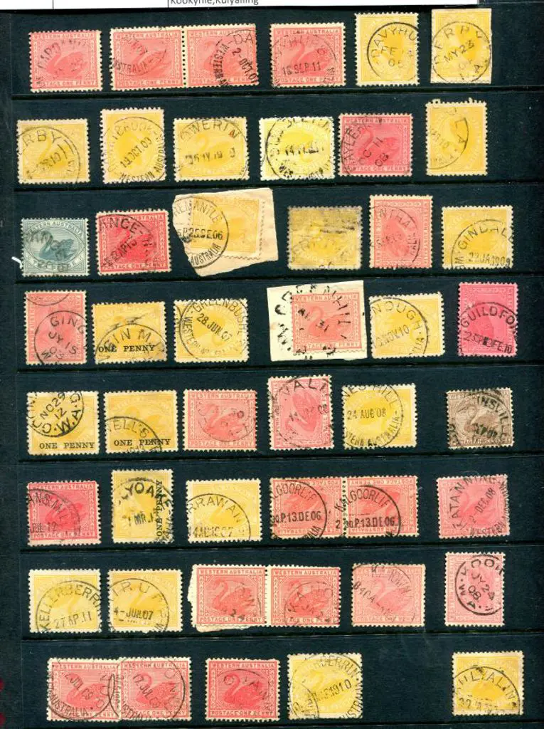 Postmarks D-K on Swans incl Dardanup, Day Dawn, ... Image 1++