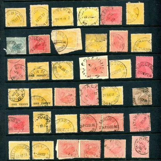 Postmarks D-K on Swans incl Dardanup, Day Dawn, ...