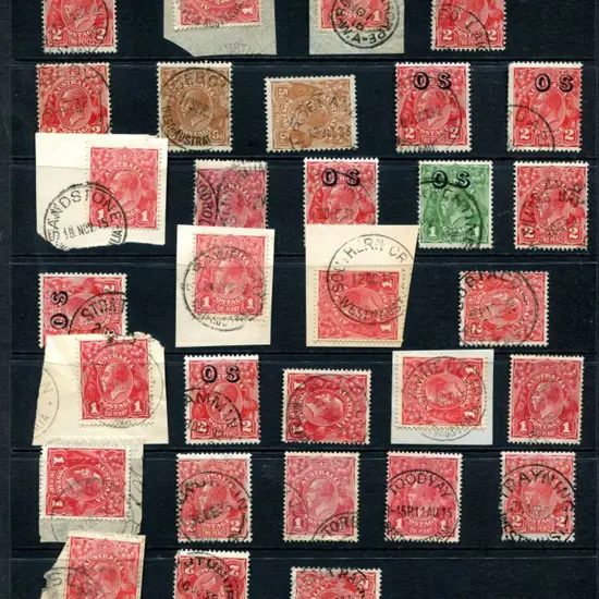 Postmarks R-V on KGV noting Rawlinna, ...
