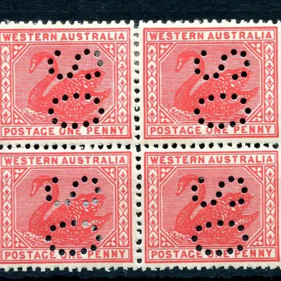 1906 1d carmine-red perfined "OS" block of 4 with ...