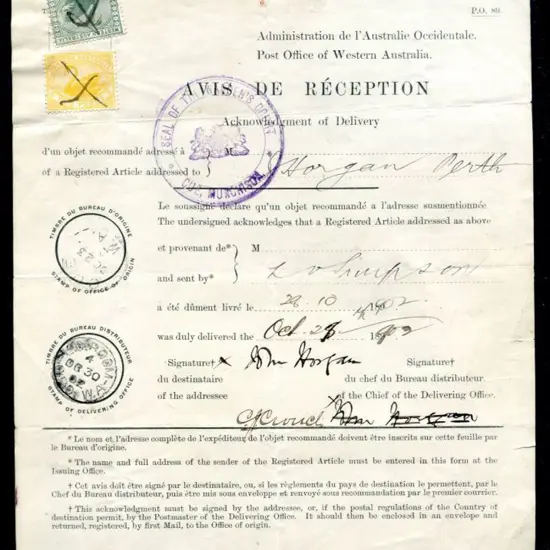 1902 (28th Oct) Avis De Reception completed form ...