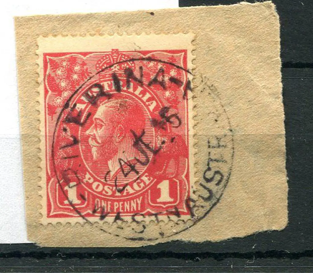 Riverina D28 Fine strike on 1d red KGV on piece ... Image 1++