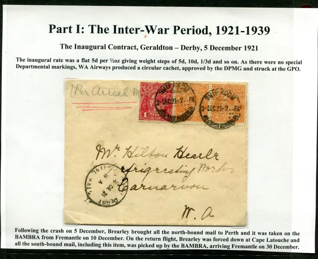 1921 (14th Dec) Perth to Carnarvon flown cover by ... Image 1++