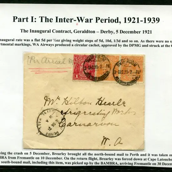 1921 (14th Dec) Perth to Carnarvon flown cover by ...