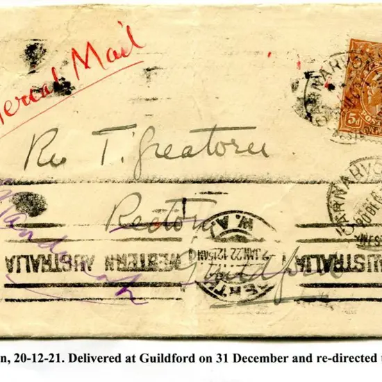 1921 (19th Dec) 5d KGV tied by Carnarvon 20 DEC 21 ...