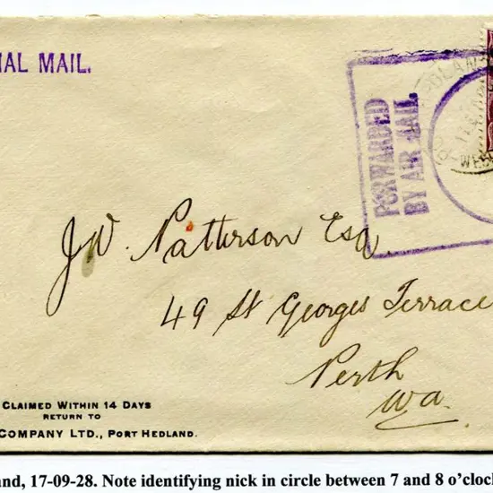1928 (17th Sept) Port Hedland to Perth with 4½d ...