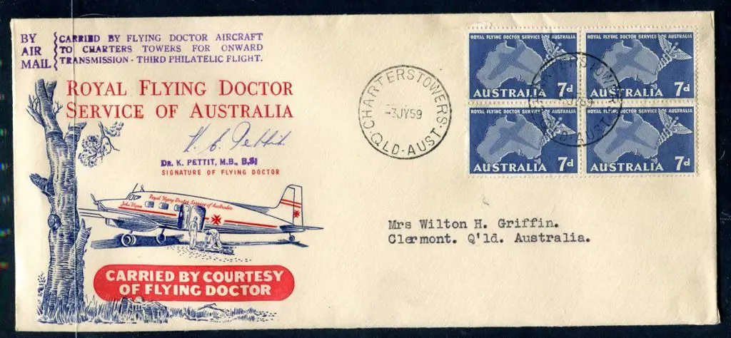 1959 (3rd July) 7d Flying Doctor block of 4 pmkd ... Image 1++