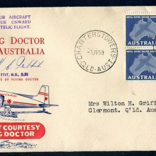 1959 (3rd July) 7d Flying Doctor block of 4 pmkd ...