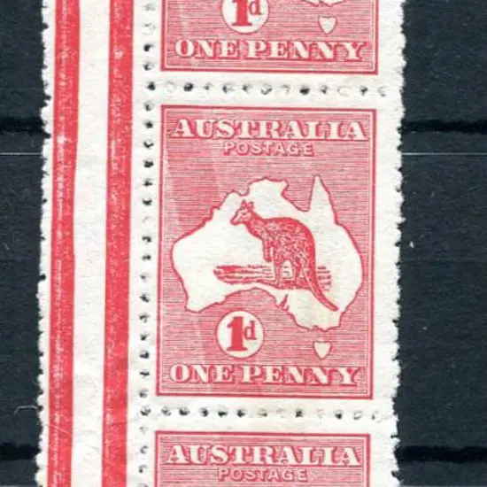 1d red, Die II vert strip of 3 with gutter at left ...