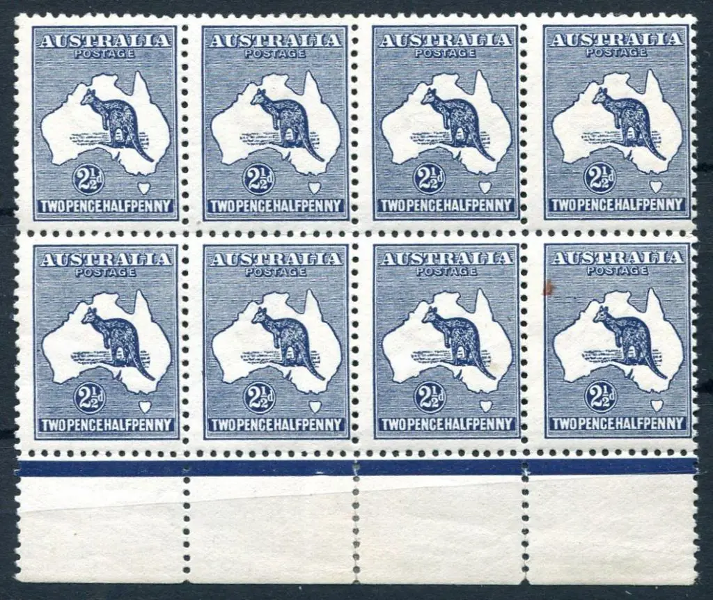 2½d indigo in a bottom selvedge block of 8. ... Image 1++