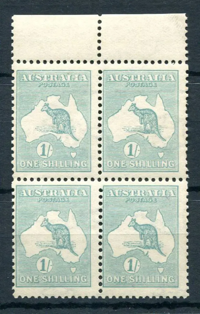 1/- blue-green, Die IIB in top selvedge block of 4 ... Image 1++