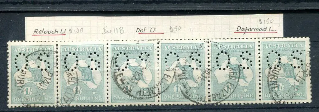 1/- blue-green, Die IIB, Plate 4 strip of 6 ... Image 1++