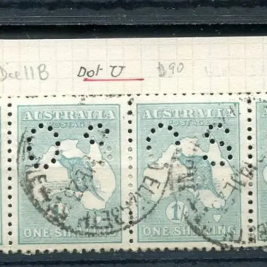 1/- blue-green, Die IIB, Plate 4 strip of 6 ...
