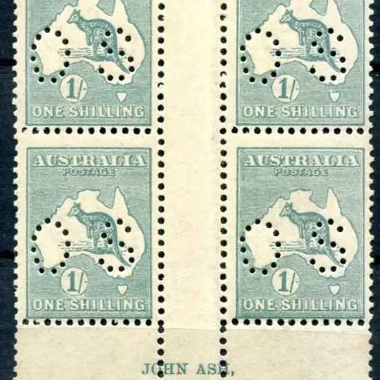 1/- blue-green John Ash imprint (N over N) block ...