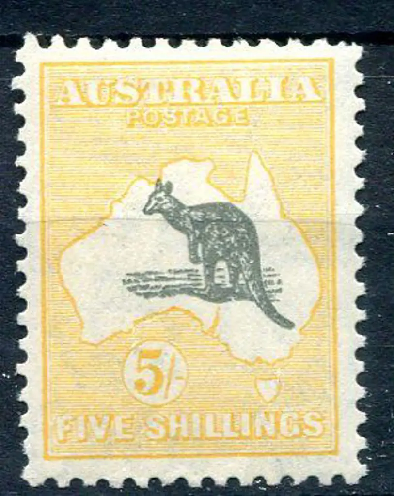 1931-47 CofA 5/- grey & yellow-orange with "broken ... Image 1++