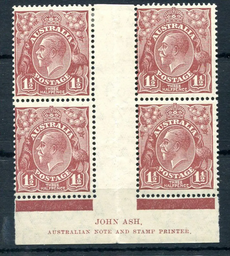 1931-36 CofA Watermark 1½d red-brown imprint block ... Image 1++
