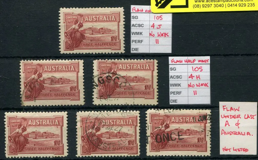 1927 1½d Canberra with "half mast flag" variety x ... Image 1++